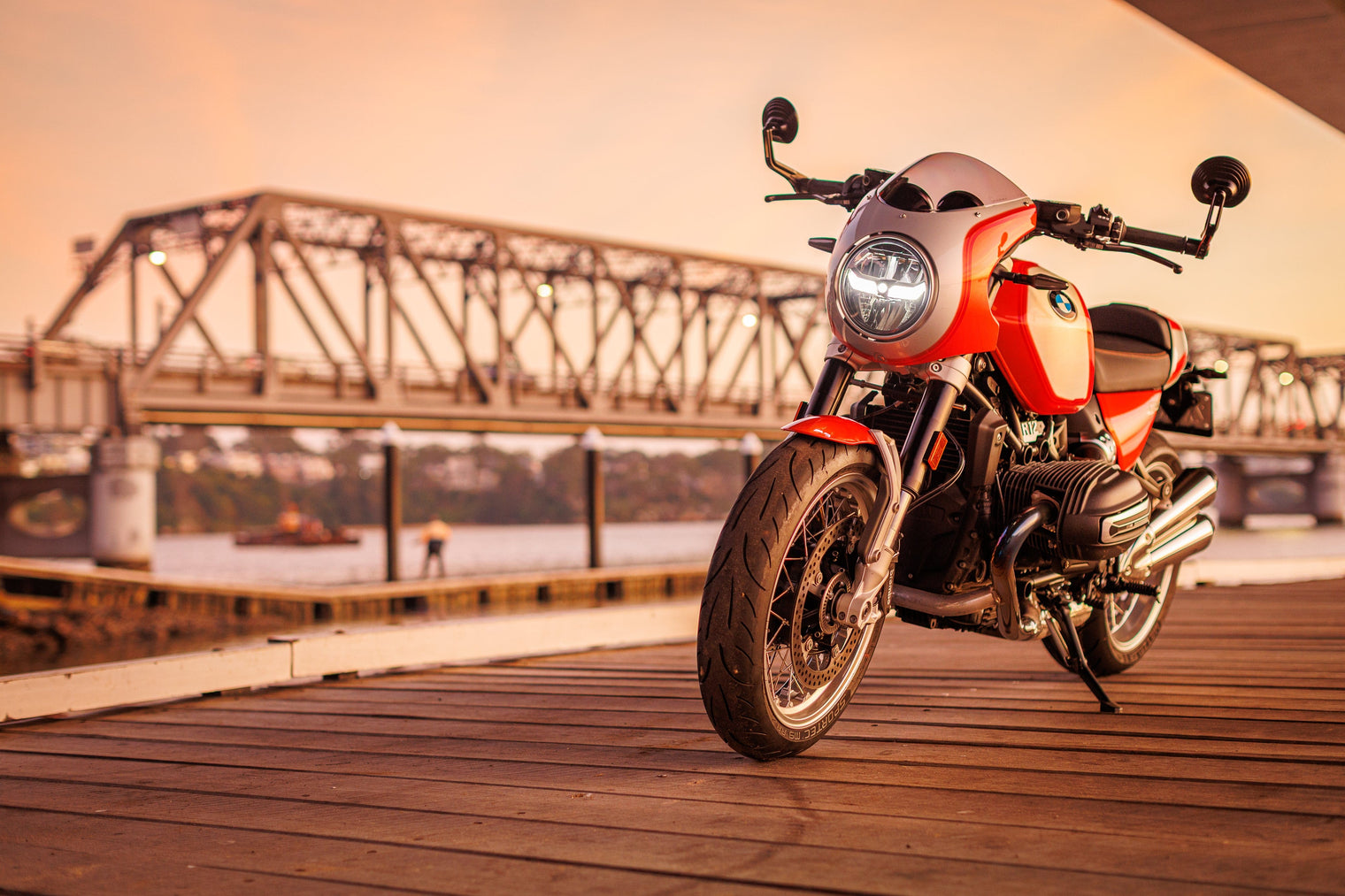 BMW R12S sitting under the Tom Uglys Bridge in Sydney at Sunrise 