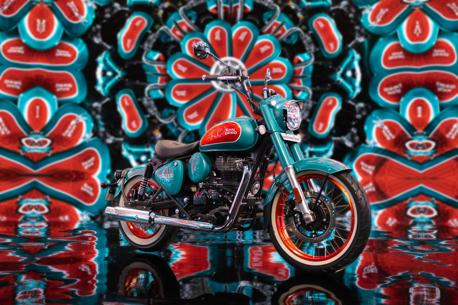 Royal Enfield Goan 350 on a Kaleidoscope background