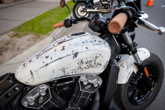Tank on a Indian Scout with a custom "rusty" paint job