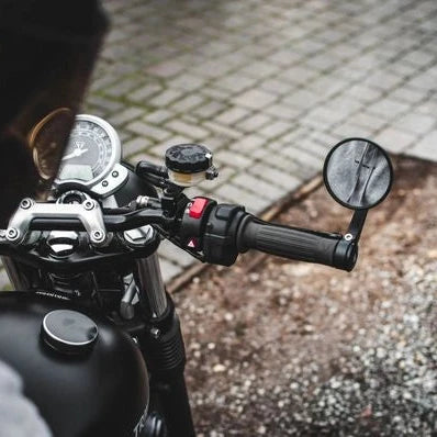 TEC Black clamp-on CNC round bar end mirrors for Royal Enfield Meteor 350 / Classic / Hunter 350