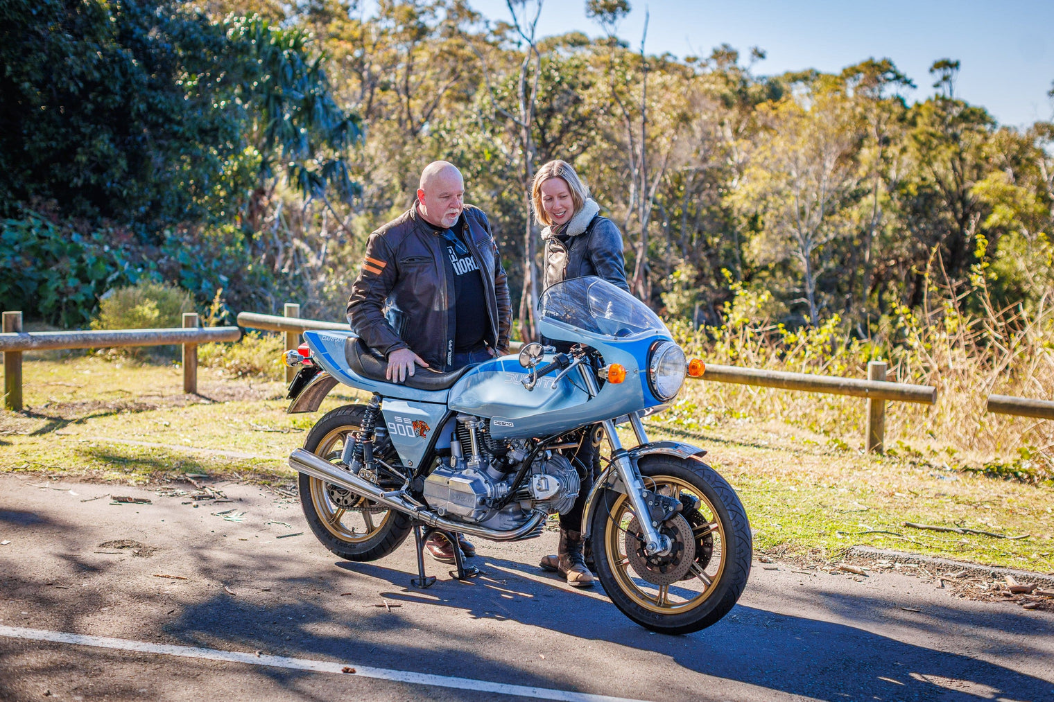 Ross and Tegan from Biker Torque with a Ducati Darmah SSD