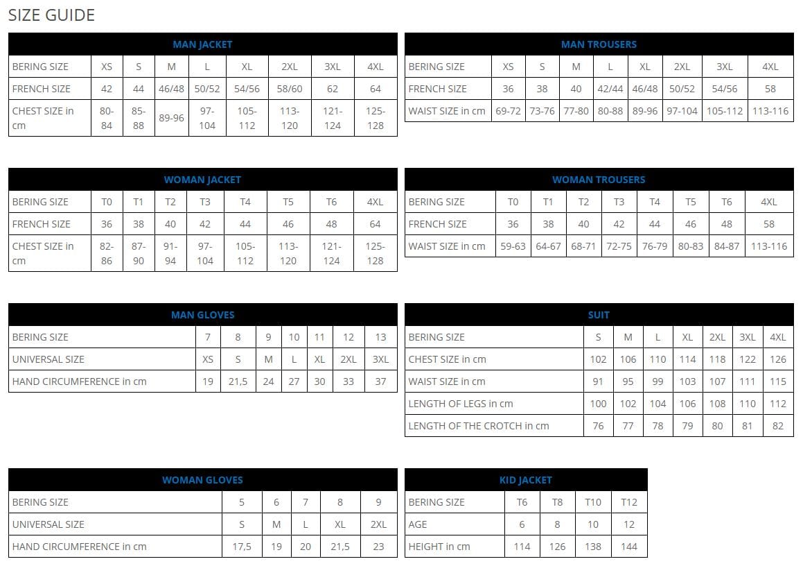 sizing chart Bering BERING ARTEMIS KING SIZE JACKET