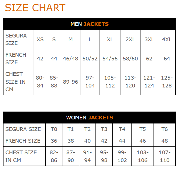 Sizing chart Segura SEGURA ETERNAL WOMENS MOTORCYCLE JACKET GREY